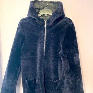 SANDRO PARIS reversible black leather shearling lamb dark blue fur hooded coat S